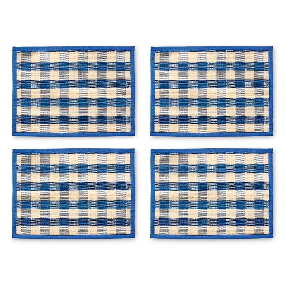 Blue Woven Check Straw Placemats, Set of 4
