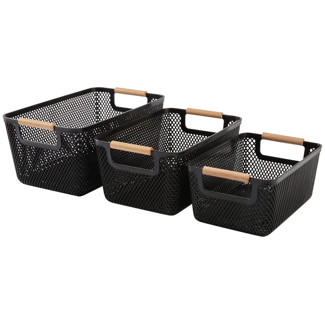 N&T Malla PP Basket with Wooden Handle Black Set of 3