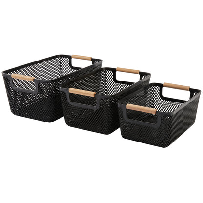 N&T Malla PP Basket with Wooden Handle Black Set of 3