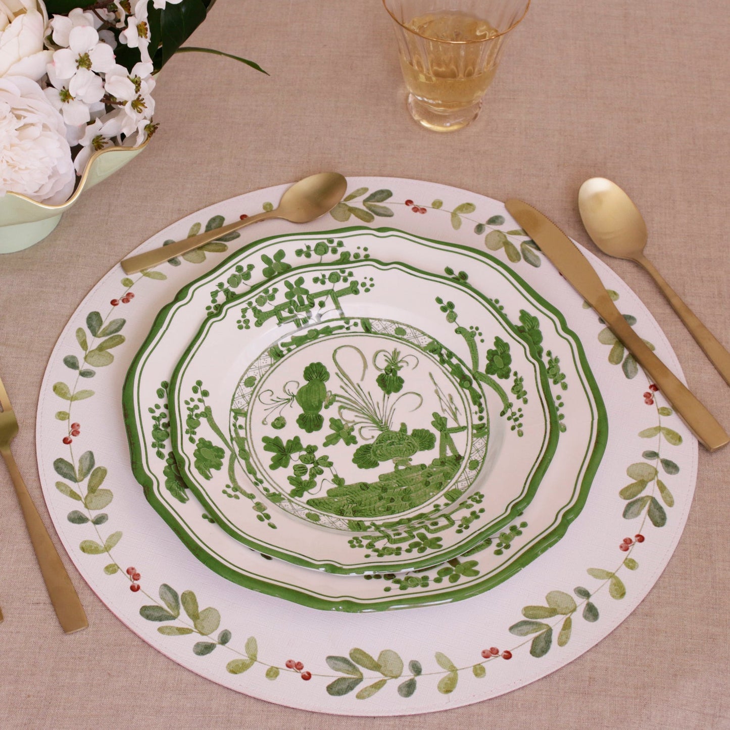 VIDA Faenza 11" Dinner Plate Set of 4 White and Green