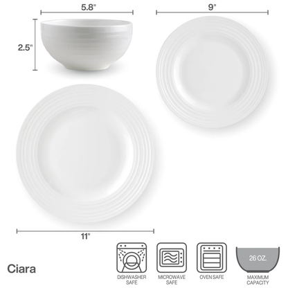 Ciara 12pc Dinnerware set, Service for 4