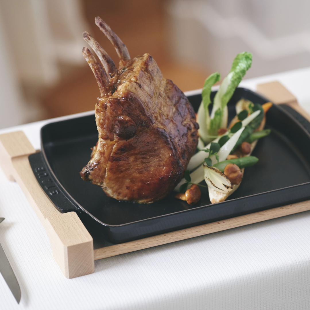 Rectangular Serving Dish With Wood Base, Black Matte