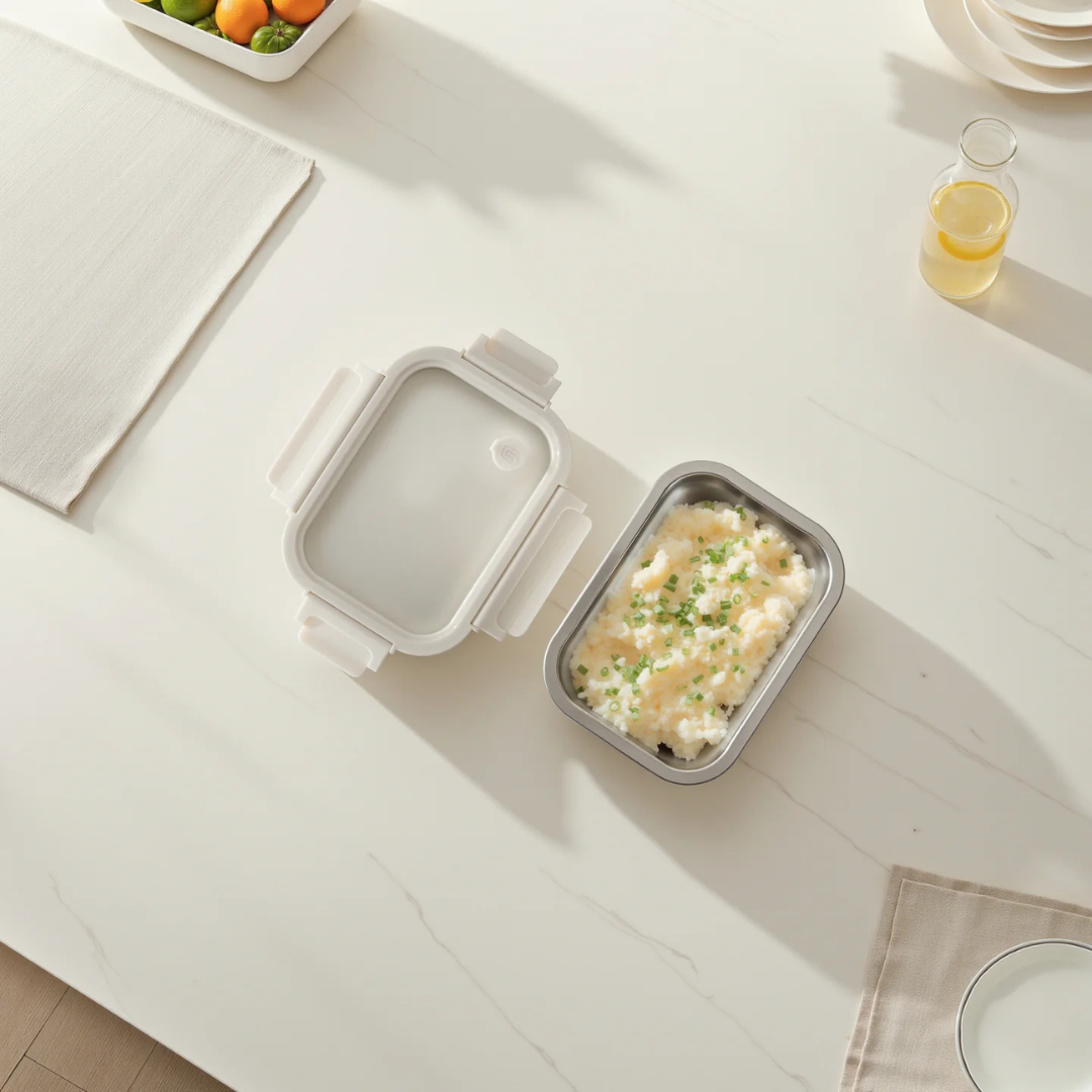 Vanilla Rect. Microwave Safe S/S Container With Vented Glass Lid - 27oz