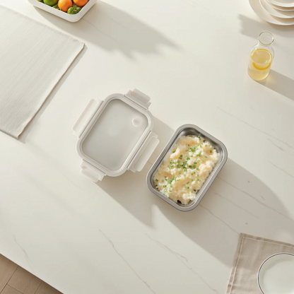 Vanilla Rect. Microwave Safe S/S Container With Vented Glass Lid - 27oz