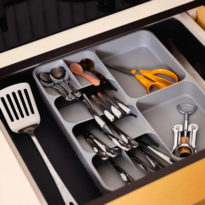 Organizador expandible para cubiertos, utensilios y aparatos DrawerStore™ de color gris