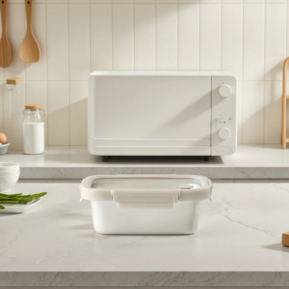 Vanilla Rect. Microwave Safe S/S Container With Vented Glass Lid -41oz