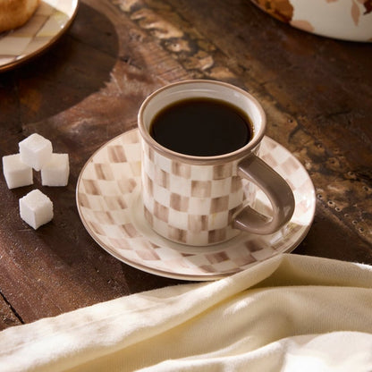 Mocha Check Espresso Cup & Saucer, Set of 2