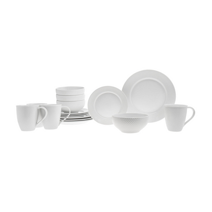 Pique Plain Porcelain 16 Piece Dinnerware Set, Service for 4