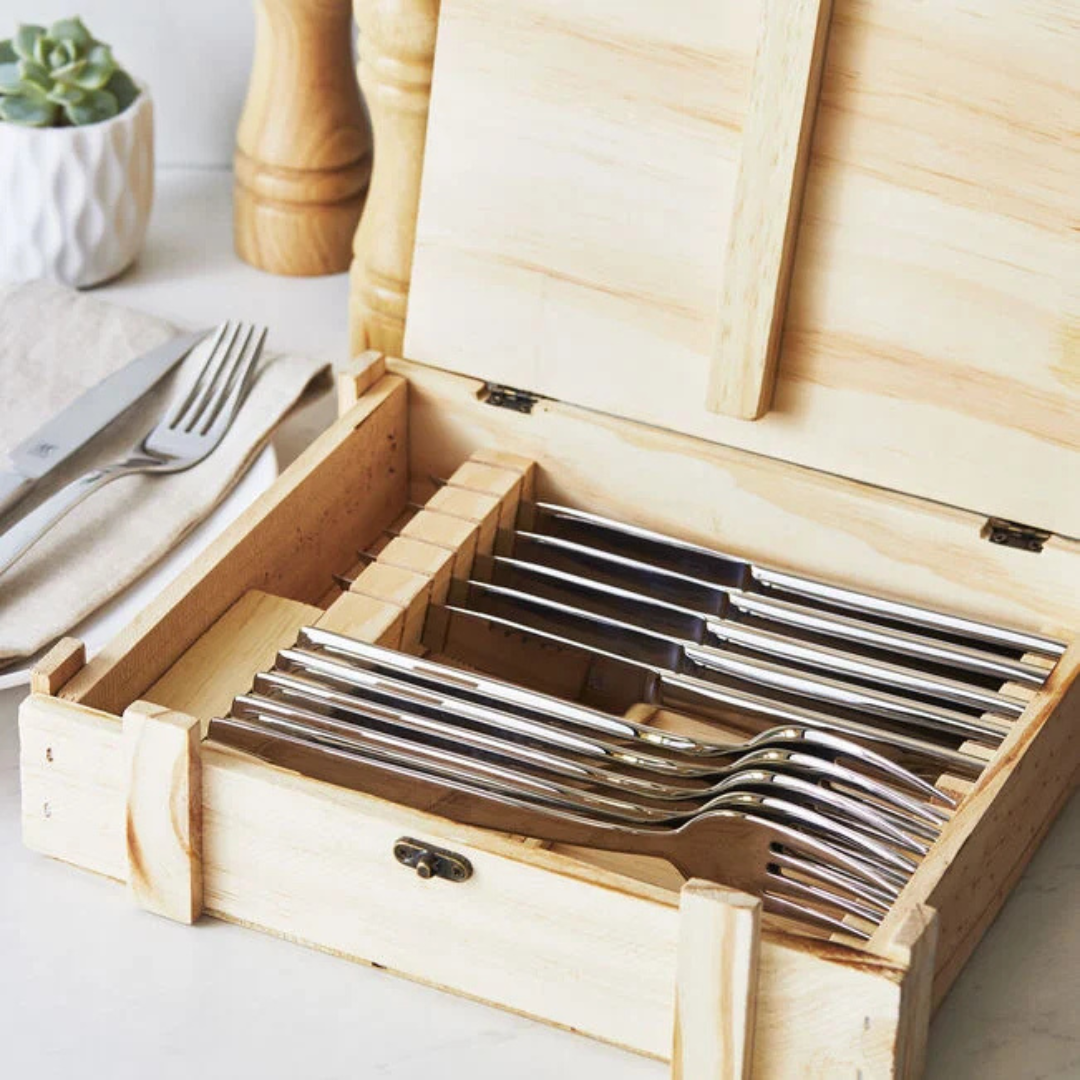 Steak Dinner Stainless Steel 12-Piece Set In Wood Presentation Box