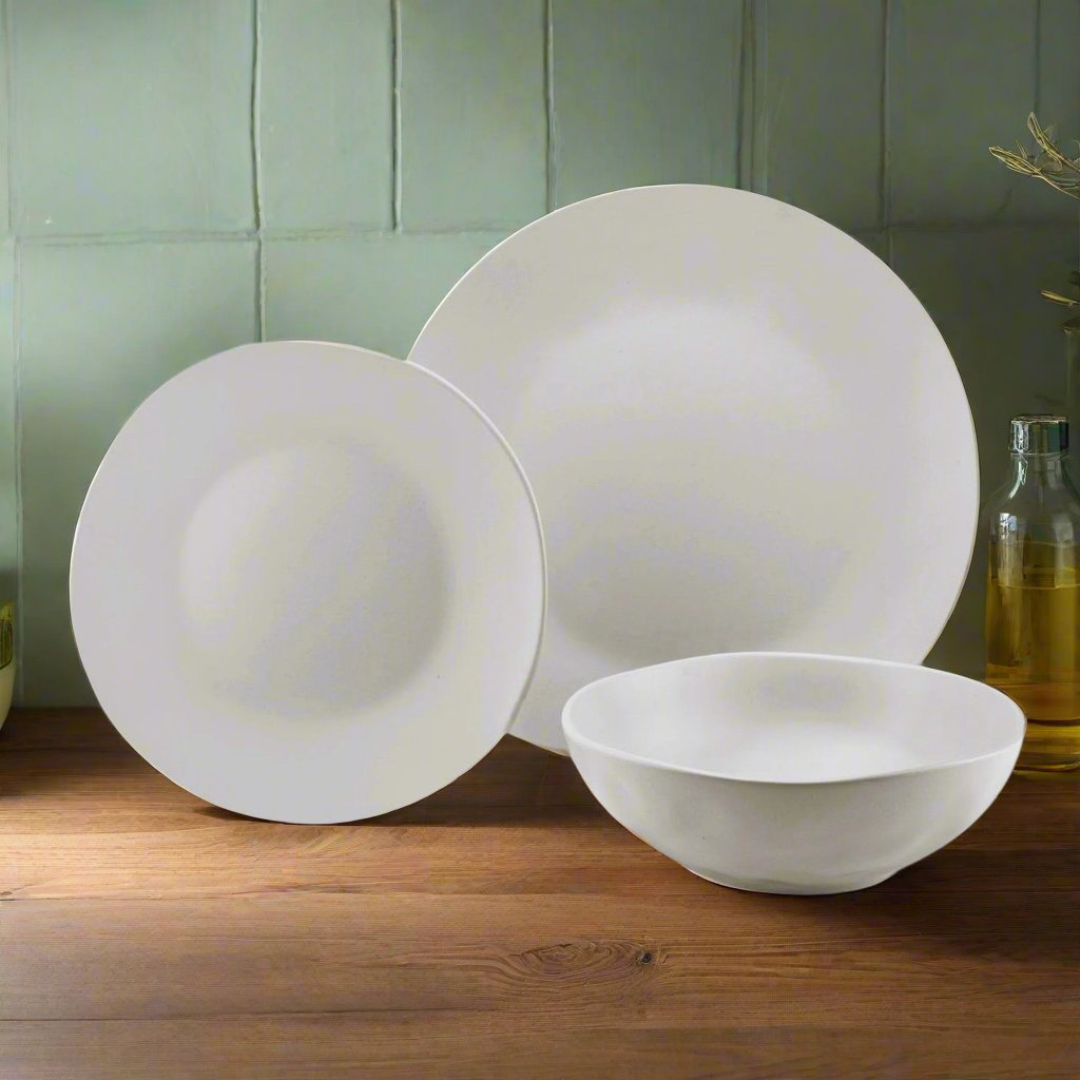 Aspero White Stoneware 12 Piece Dinnerware Set, Service For 4