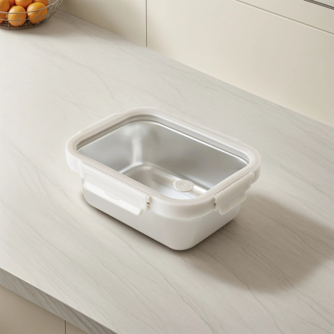 Vanilla Rect. Microwave Safe S/S Container With Vented Glass Lid -41oz