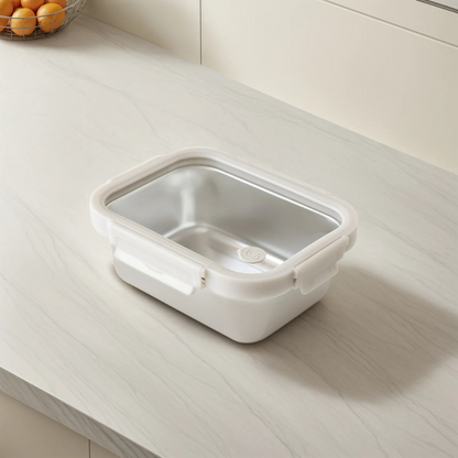 Vanilla Rect. Microwave Safe S/S Container With Vented Glass Lid -41oz