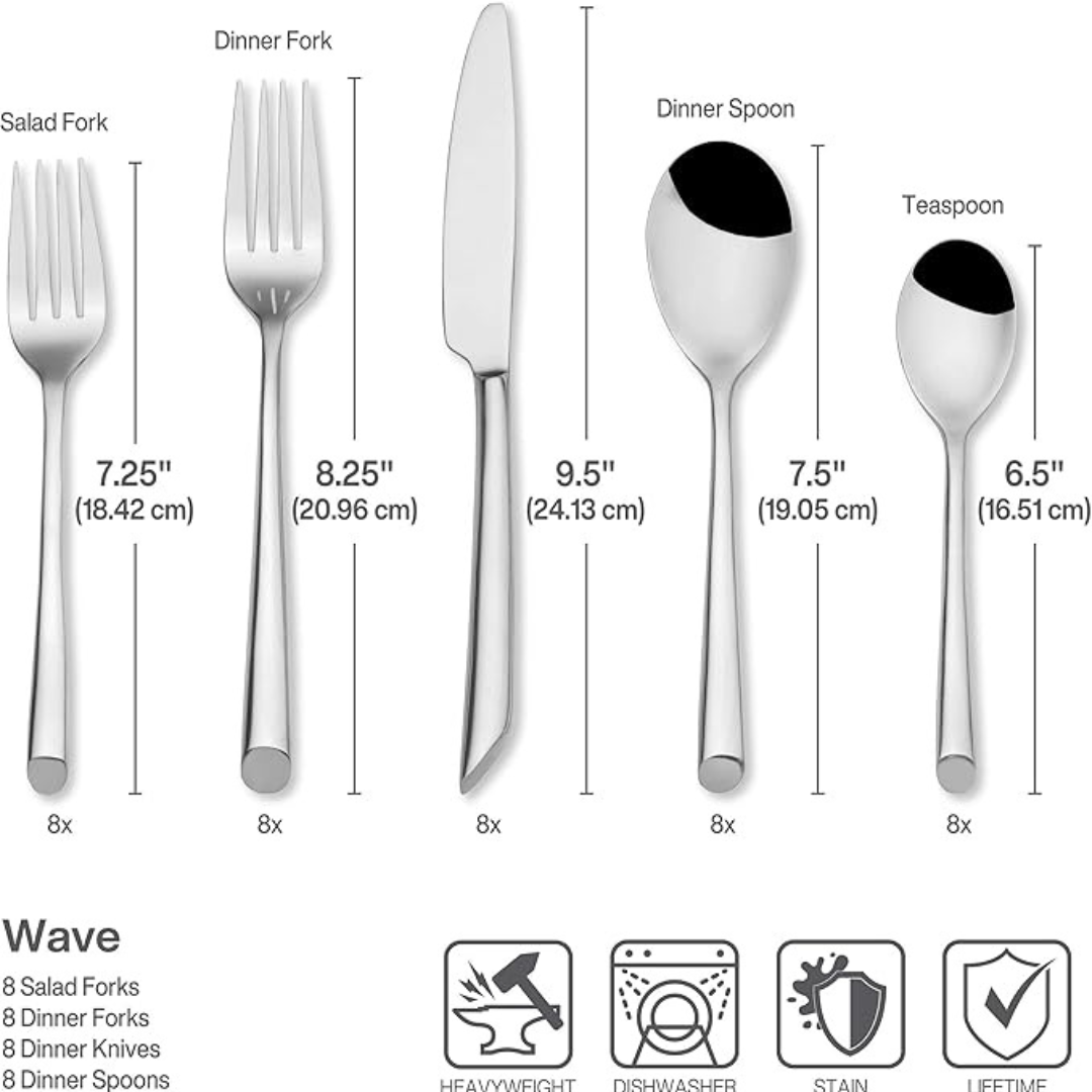 Wave Flatware Service for 4, 26 Piece Set, 18/0 Stainless Steel + 6 Pieces for Little Bites (Infants)