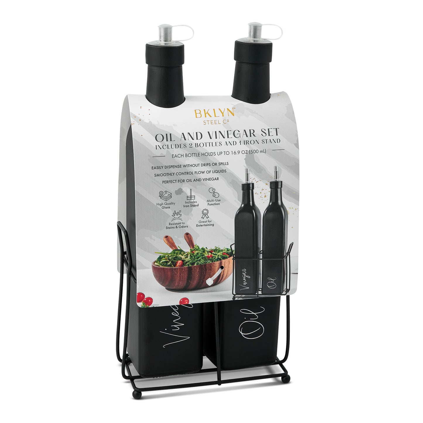 2Pk Cruets Iron Stand Matte Black Oil & Vinegar Script