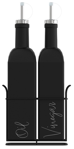 2Pk Cruets Iron Stand Matte Black Oil & Vinegar Script