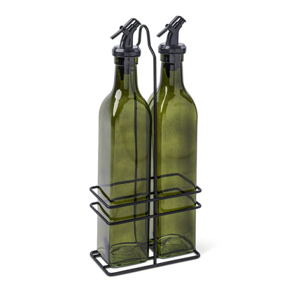 Set Of 2 16.9oz Colored Cruets Iron Stand-Deep Moss