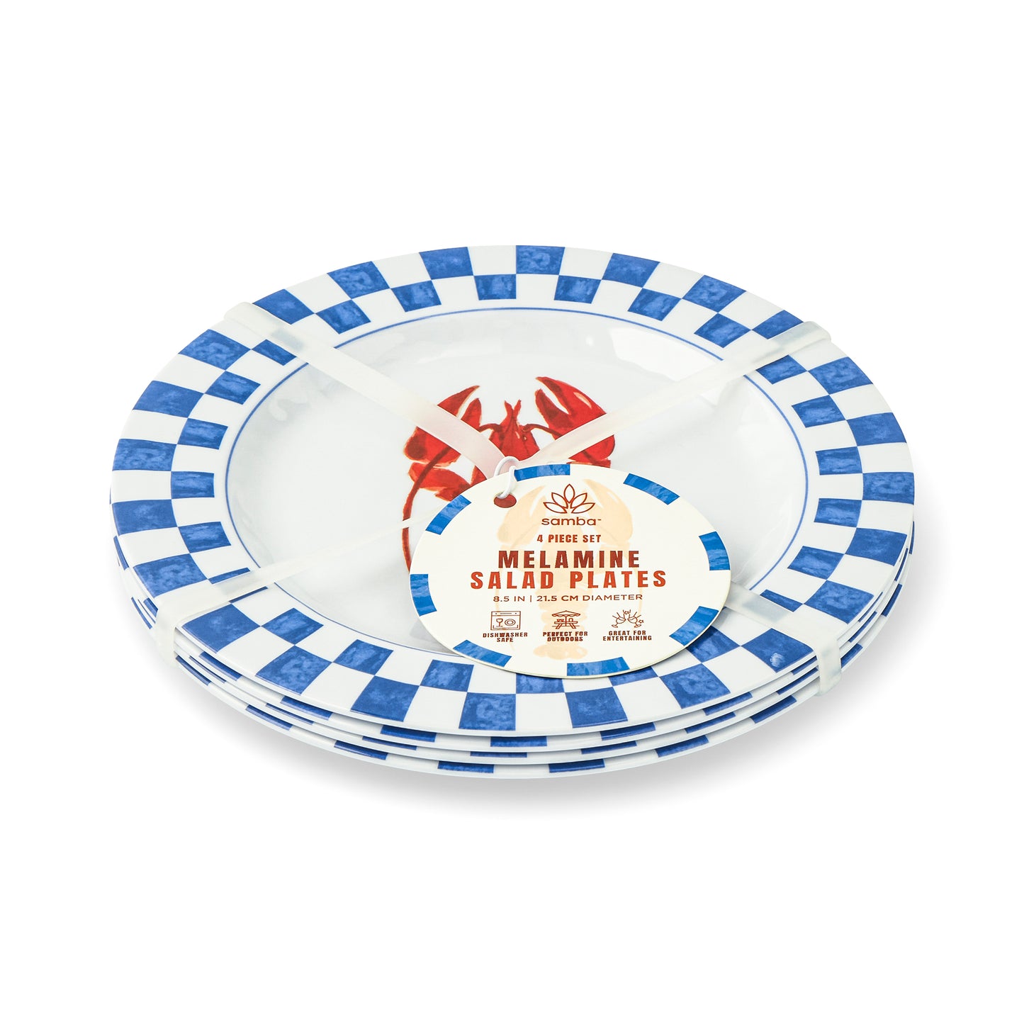 4Pk 8.5 Melamine Salad Plates Lobster Check