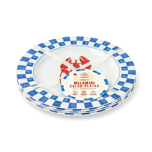 4Pk 8.5 Melamine Salad Plates Lobster Check