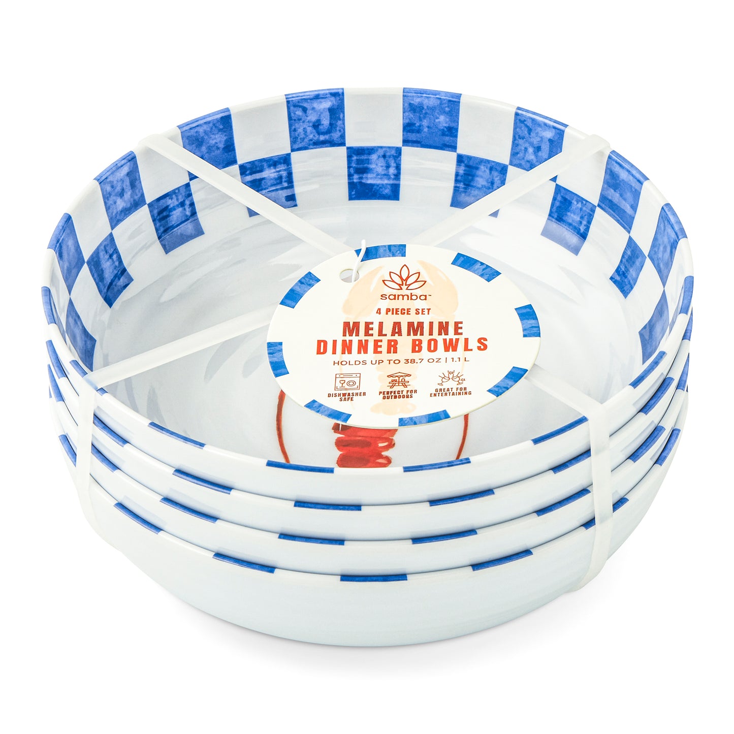 4Pk Melamine Dinner Bowls Lobster Check