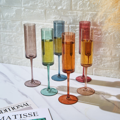 Set of 6 Khen Muted Rainbow Champagne Flute Stemmed Glasses