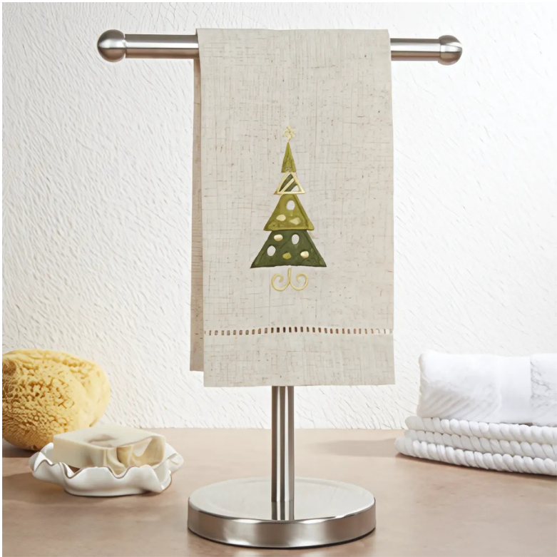 Embroidered and Hemstitched Christmas Tree Guest Towel