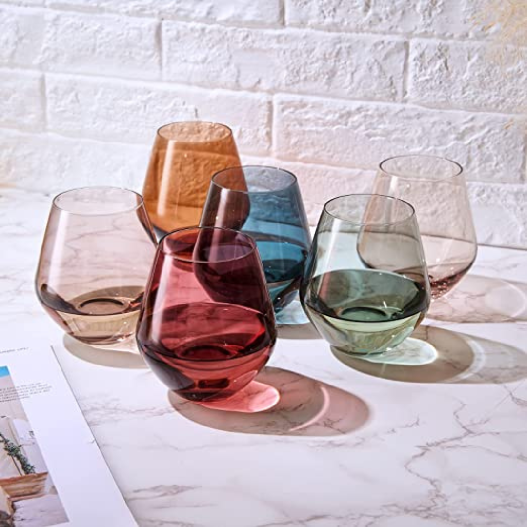 Set of 6 Colored Stemless Crystal Wine Glass