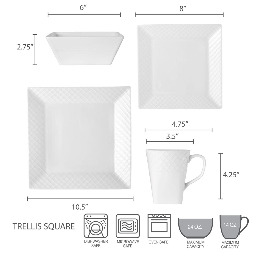 Trellis White Square 16 Piece Dinnerware Set, Service for 4