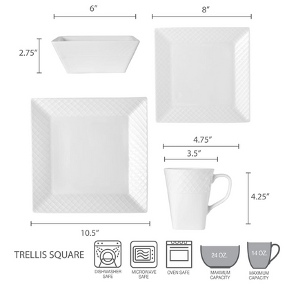 Trellis White Square 16 Piece Dinnerware Set, Service for 4