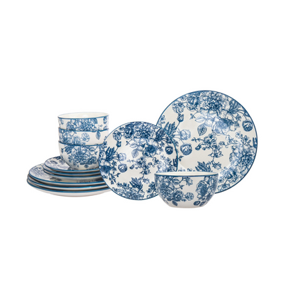 Banbury Blue Porcelain 12 Piece Dinnerware Set, Service For 4