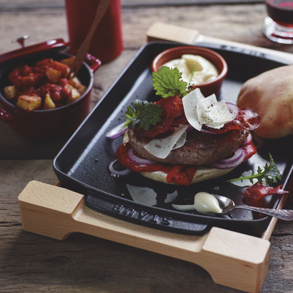 Rectangular Serving Dish With Wood Base, Black Matte