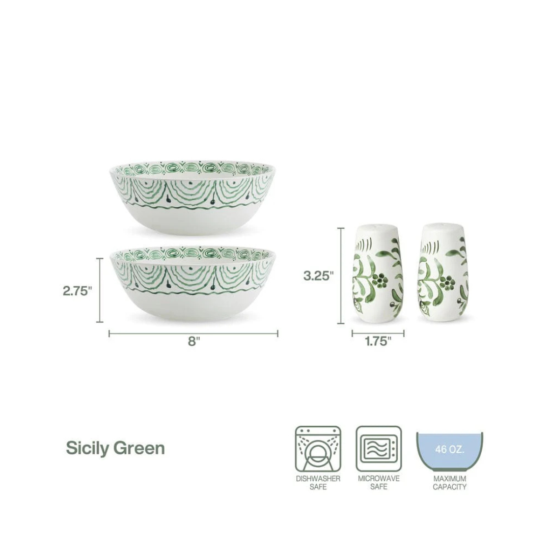 Sicily Green Set of 2 Serving Bowls with Salt & Pepper Set