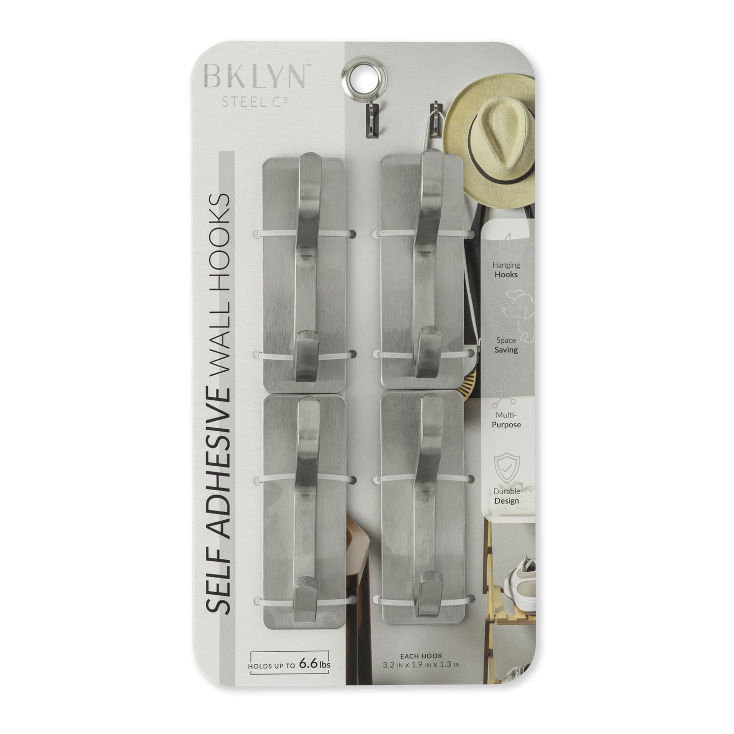 4Pk Self Adhesive Wall Hook Set Silver