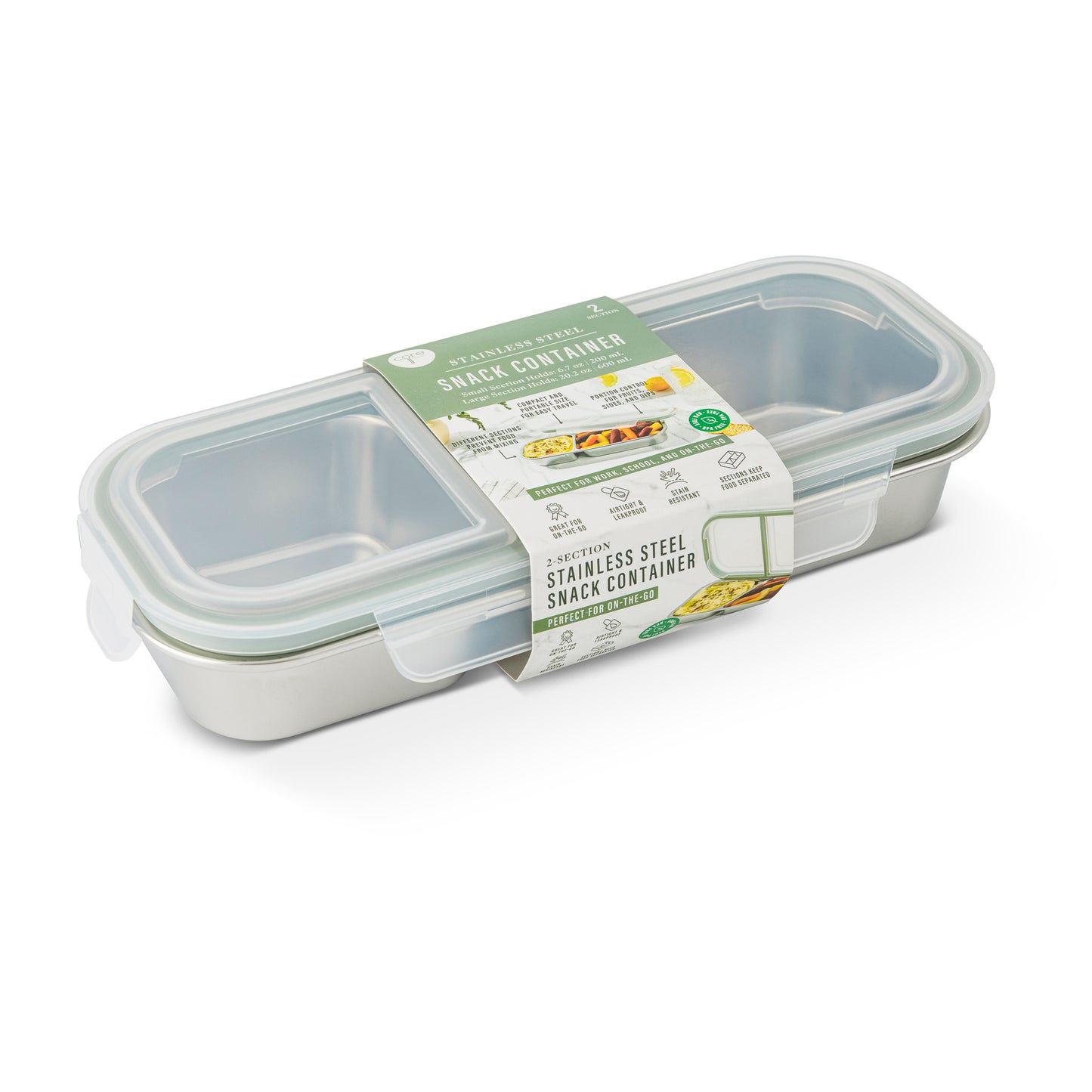 2 Section SS Snack Container W/ Snap Lid Mossy Stone