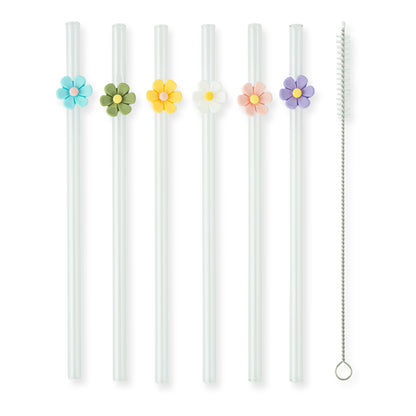 7Pk Glass Straw Set Asst Floral