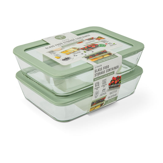2Pk 27 oz Rectangle Glass Food Storage Container W/Silicone & Glass Lid Faded Willow