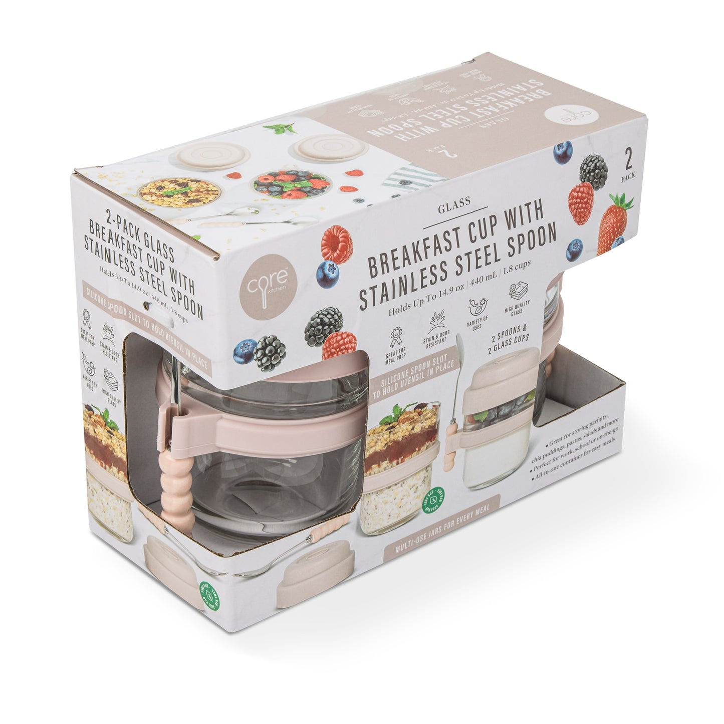 2Pk 14.09oz Glass Breakfast Cup W/ Spoon Crepe