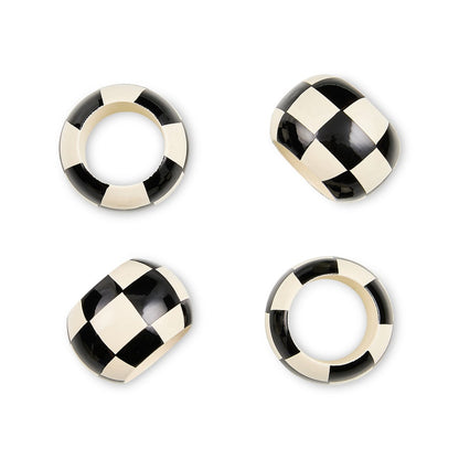 Black and White Check Wood Napkin Rings, Set of 4