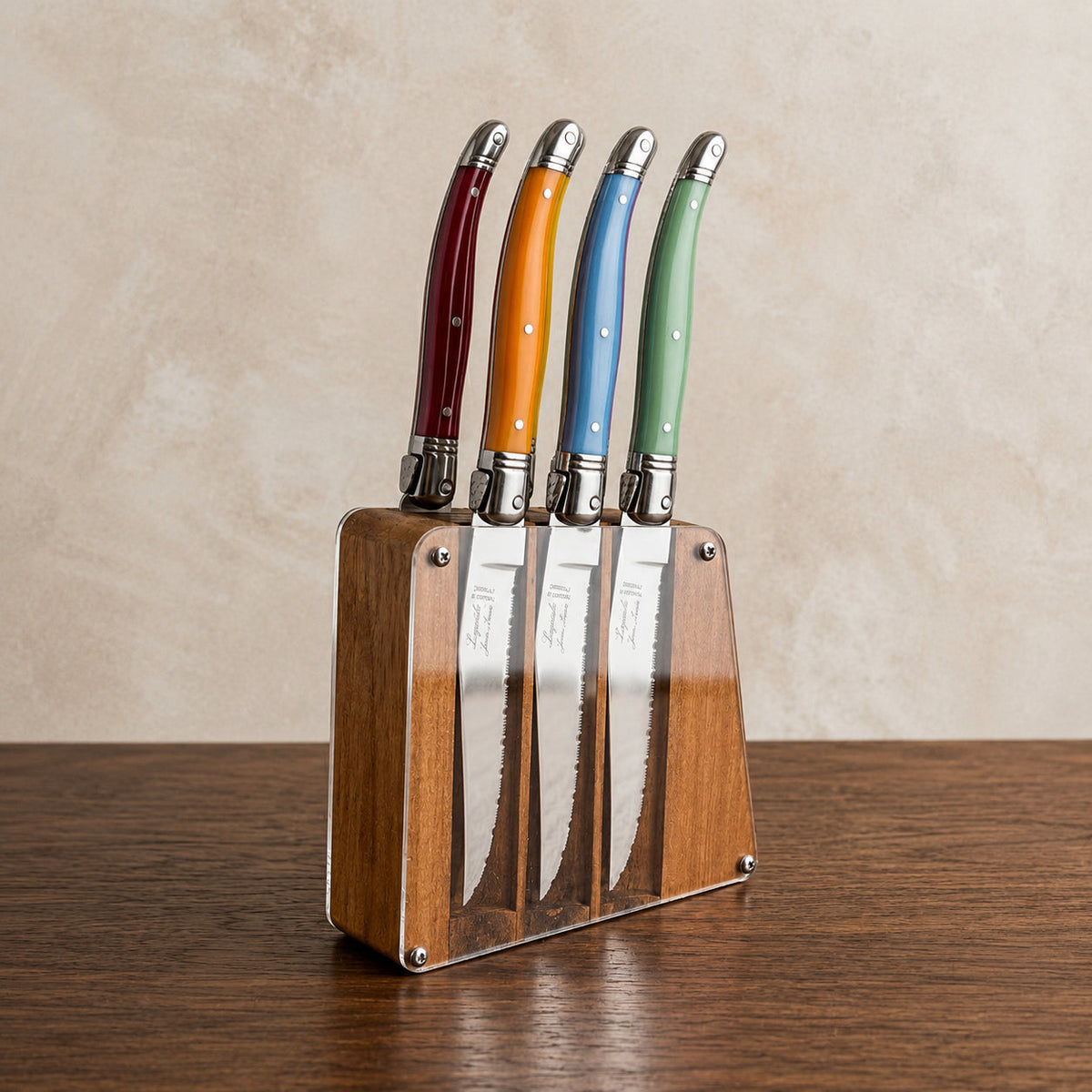 Laguiole 6 Piece Steak Knife Set, Rainbow in Acrylic Block