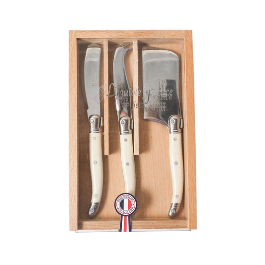 Laguiole 3 Piece Mini Cheese Utensil Set, Ivory in Wood Box with Acrylic Lid