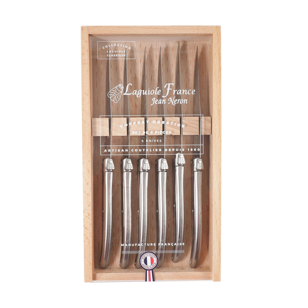 Laguiole 6 Piece Steak Knife Set, Stainless Steel in Wood Box with Acrylic Lid