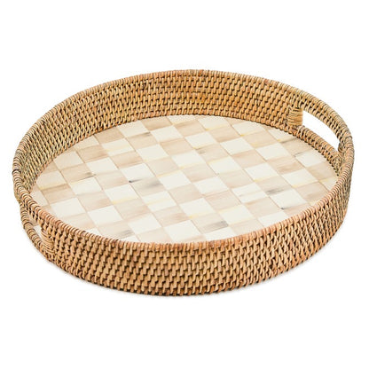 Mocha Check Enamel & Rattan Round Serving Tray