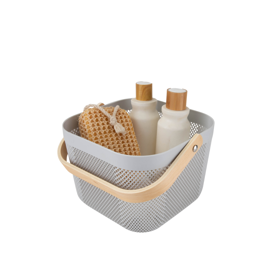 N&T Plexus Mesh Storage Basket Grey With Wooden Handle 9L