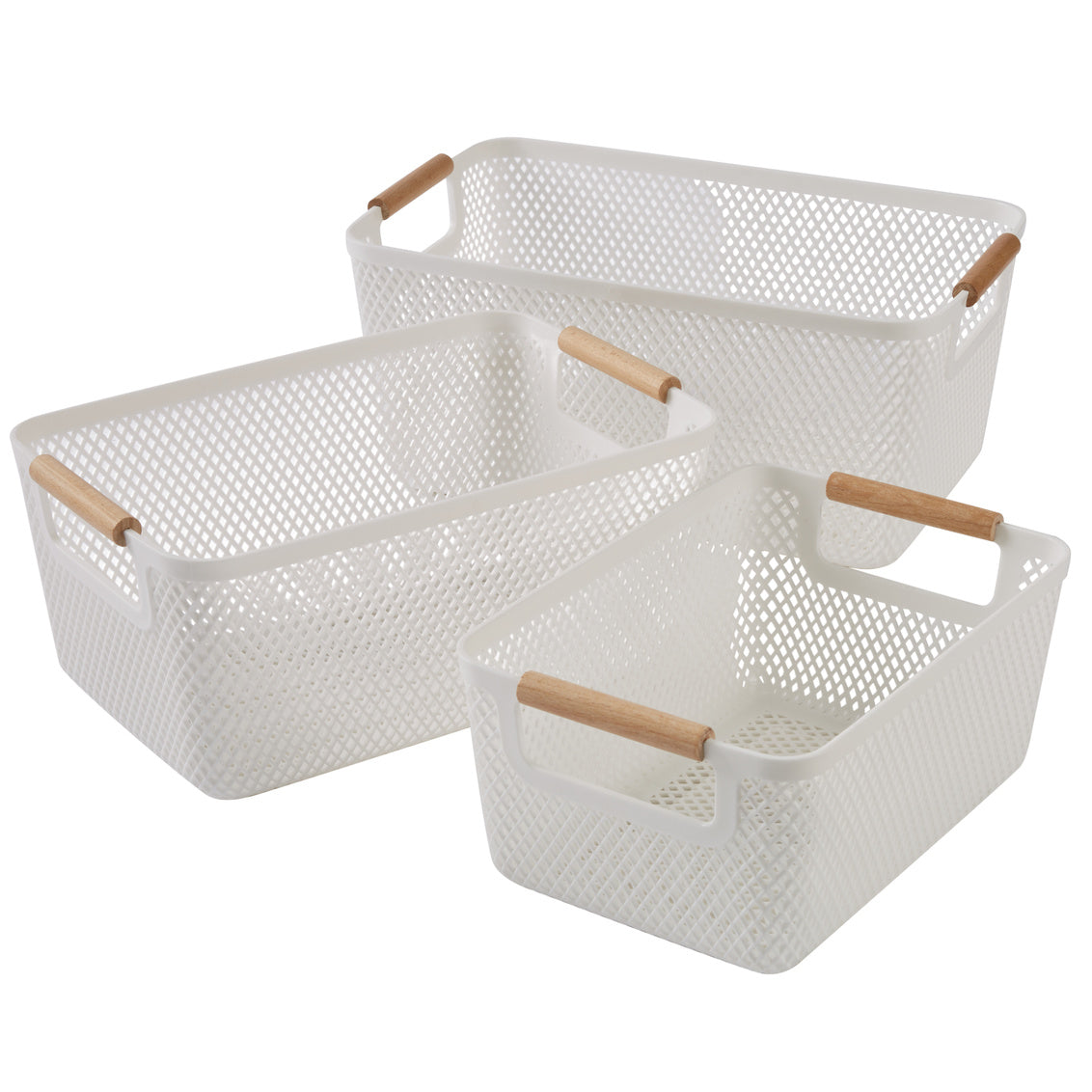 N&T Malla PP Basket with Wooden Handle White Set of 3