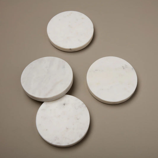 White Marble & Wood Round Coasters, Set of 4