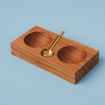 Teak Plank Salt & Pepper Cellar with Gold Spoon