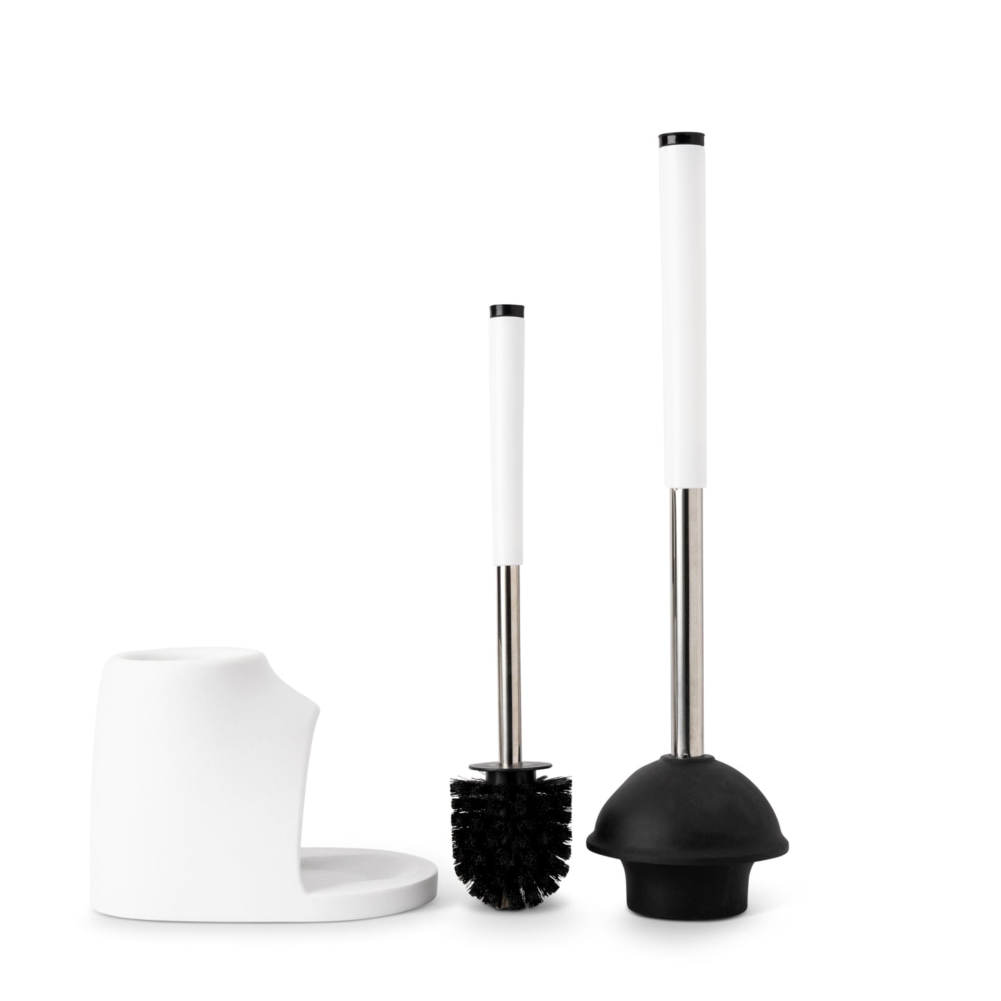Plunger And Toilet Brush Set In Resin Holder With Metal Handle White