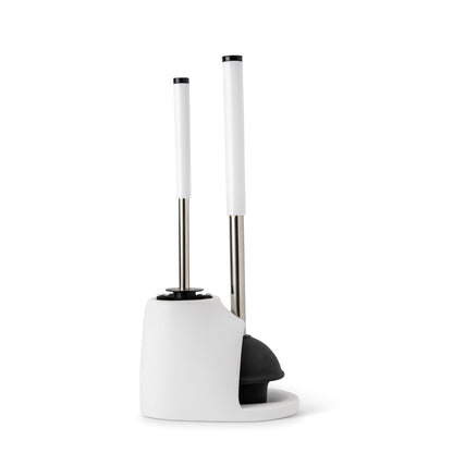 Plunger And Toilet Brush Set In Resin Holder With Metal Handle White