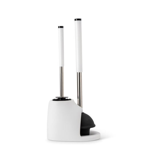 Plunger And Toilet Brush Set In Resin Holder With Metal Handle White