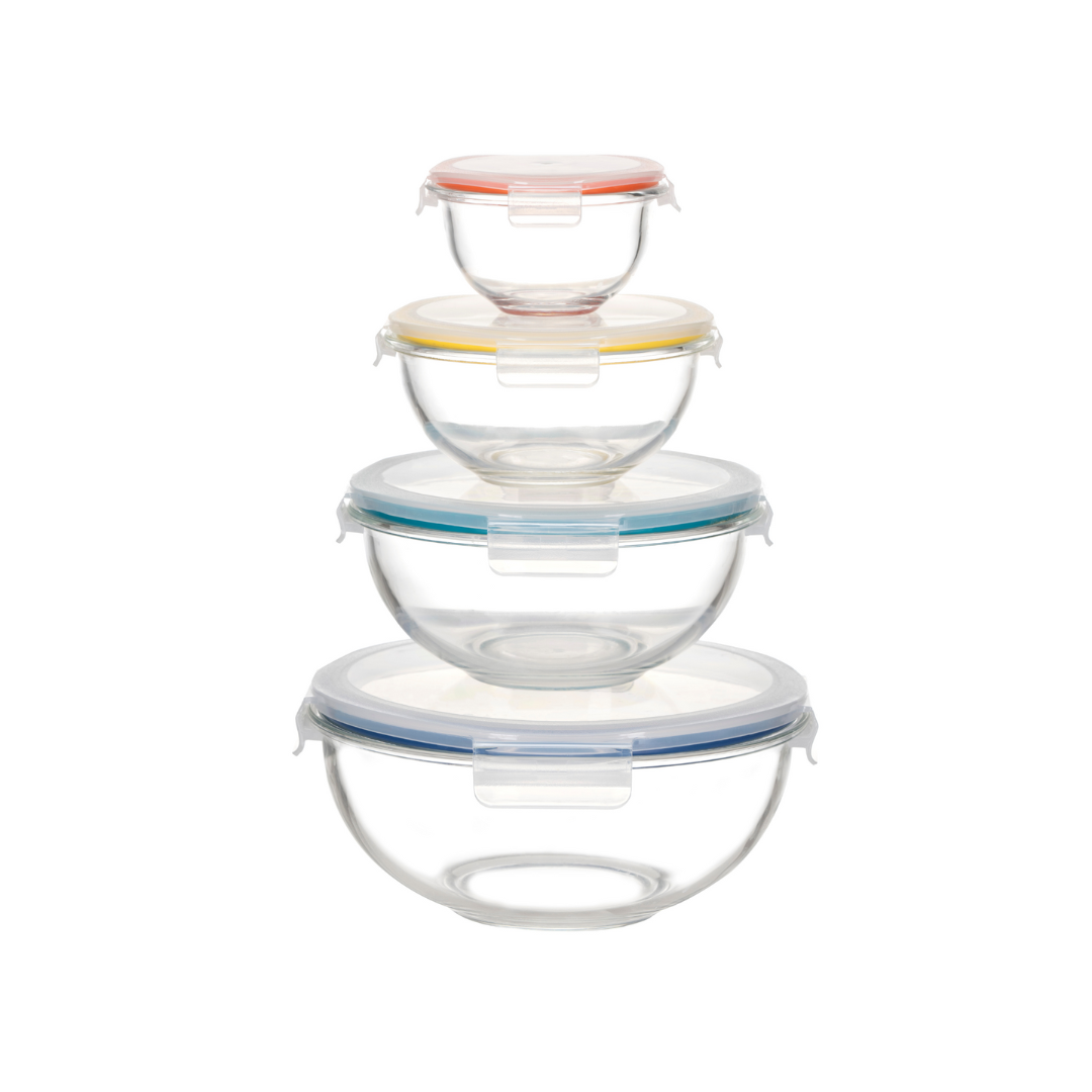 Nesting Glass Mixing Bowl Set With Locking Lids and Carry Handle - 8 pc Set