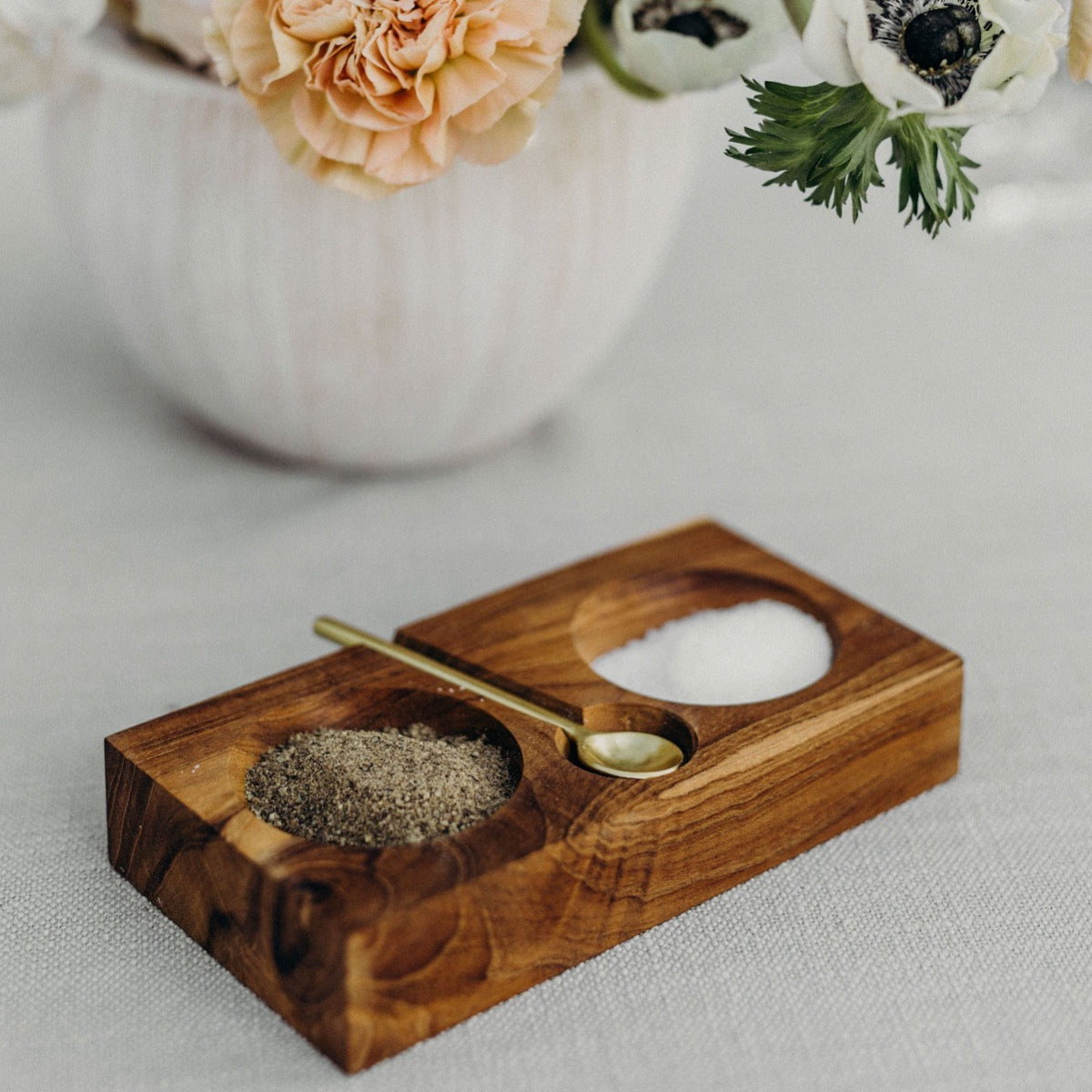 Teak Plank Salt & Pepper Cellar with Gold Spoon